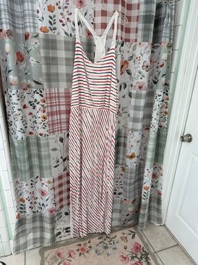 Maurices White Striped Maxi Dress with Red and Navy Stripes